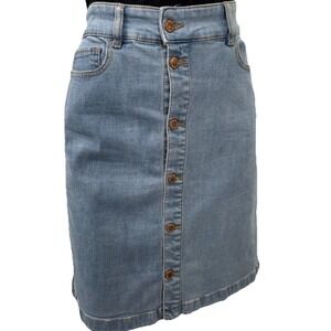 Joe Fresh Light Blue Denim Button Front Skirt Aline Pockets Belt Loops Stretch 6